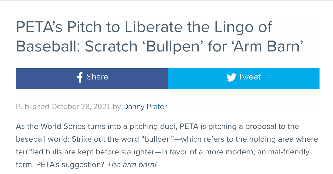 PETA says baseball world should stop using bullpen in favor of